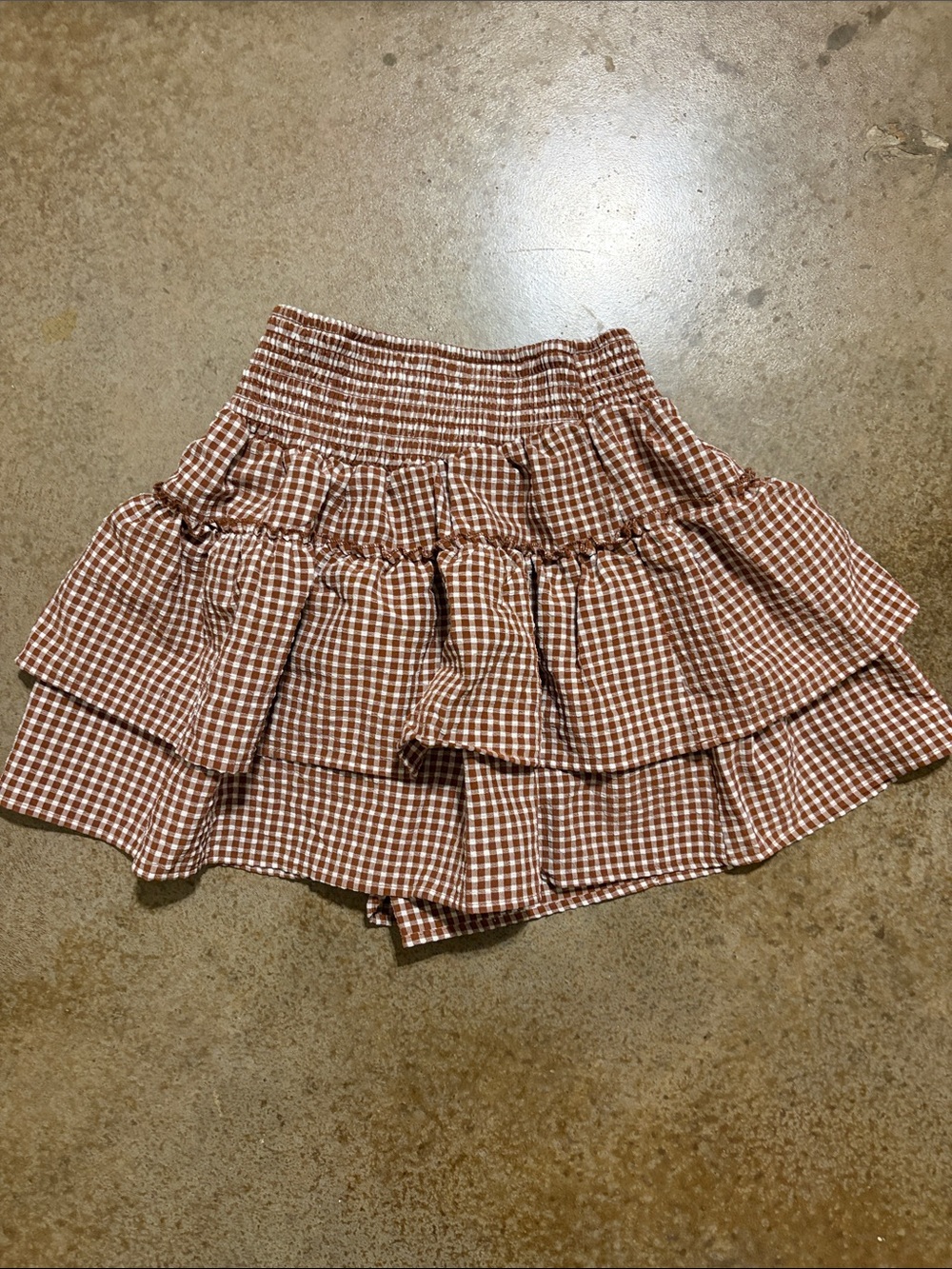 Sienna Sky Brown Gingham Tiered Smocked Mini Skirt